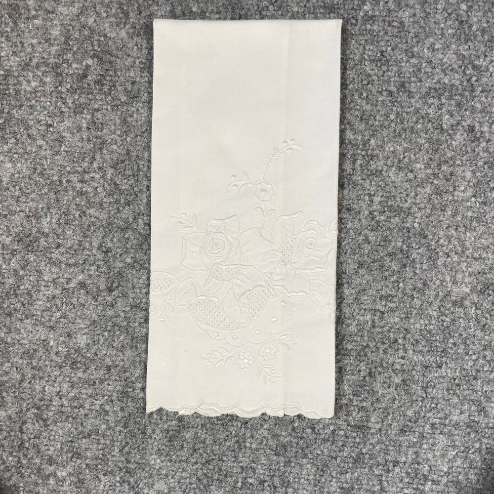 Antique Lace Hand Tea Towel White Embroidered Floral Scalloped Edge
